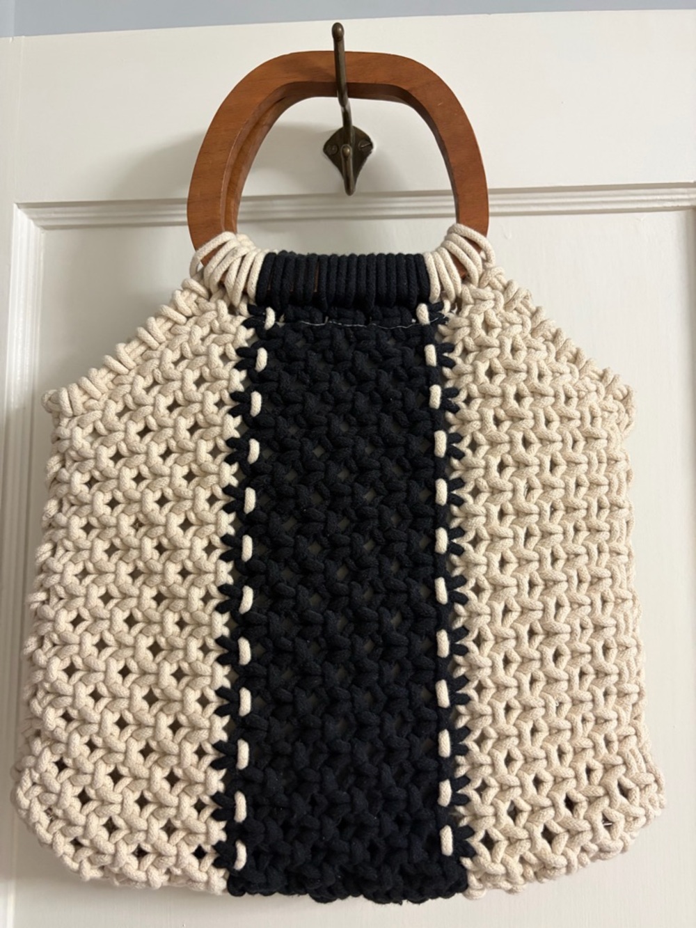 NWT Urban Outfitters Cream and Black Macramé Tote with Wooden Handles